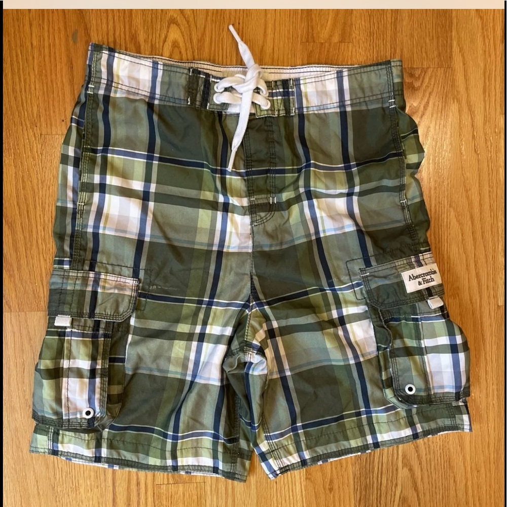 VTG Abercrombie Fitch Plaid swim Trunk Cargo shorts Green 5 pockets Lined Large